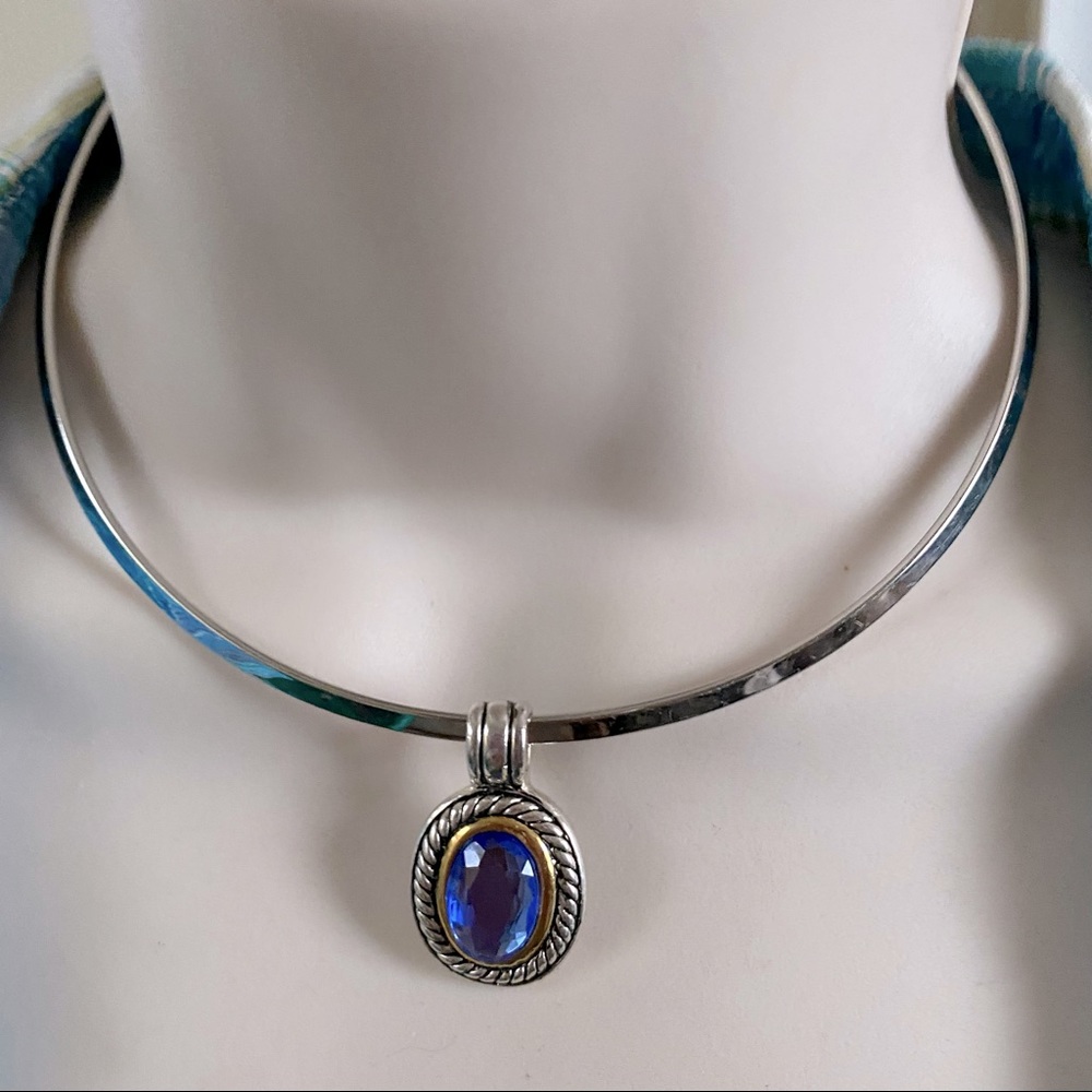 Silver Tone Choker Necklace Blue Stone Pendant